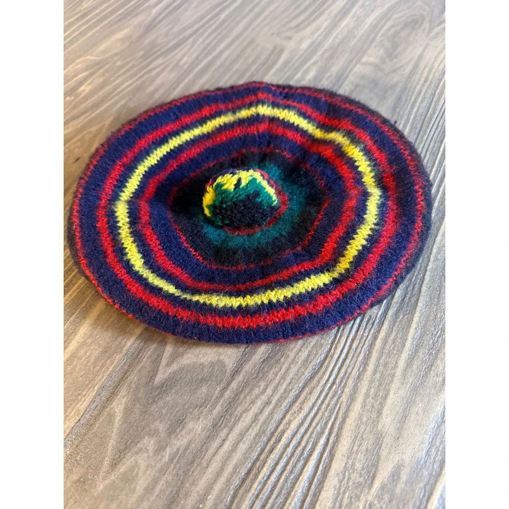 Vintage Striped Knit Beret Hat Unisex OS Multicolor Excellent Pom Pom Top